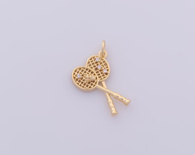 1 pcs Gold CZ Badminton Pendant,18K Gold Filled Sports Charm,Racket Charms DIY Bracelet Necklace Jewelry Making Findings Supply