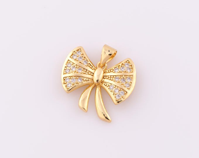 1 pcs Gold CZ Bow Pendant,18K Gold Filled Bow Charm,Bow Charm DIY Bracelet Necklace Jewelry Making Findings Supply