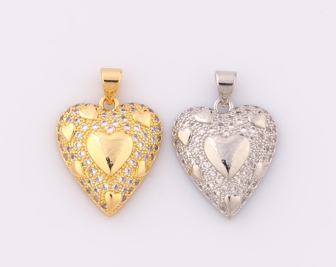 1 pcs Gold CZ Heart Pendant,18K Gold Filled Heart Charm,Heart Charm DIY Bracelet Necklace Jewelry Making Findings Supply