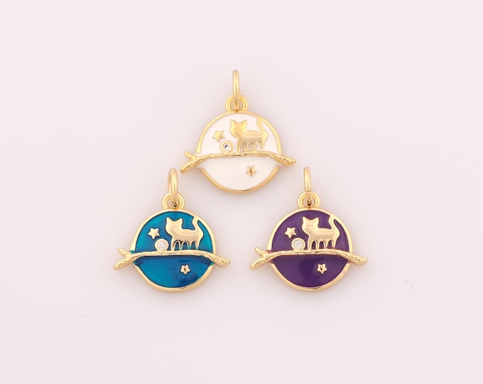 1 pcs Gold Enamel Cute Cat Pendant,18K Gold Filled Animal Charm,CZ Star Charms DIY Bracelet Necklace Jewelry Making Findings Supply