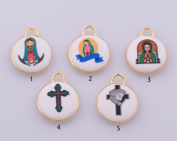 1 pcs Enamel Virgin Mary Pendant,18K Gold Filled Religion Charm,Cross Charms DIY Necklace Jewelry Making Finding Supply