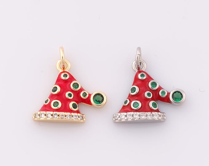 Gold CZ Christmas Pendant,18K Gold Filled Christmas Hat Charm,Enamel Christmas Charm DIY Bracelet Necklace Jewelry Making Findings Supply