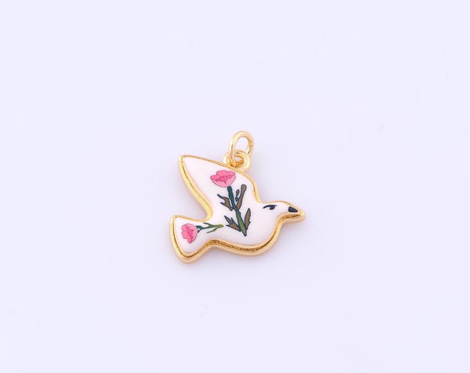 1 pcs Gold Enamel Peace Dove Pendant,18K Gold Filled Flower Charm,Animal Charms DIY Bracelet Necklace Jewelry Making Findings Supply