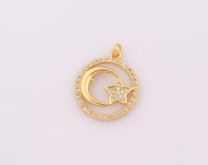 1 pcs Gold CZ Moon Pendant,18K Gold Filled Star Charm,Moon Charm DIY Bracelet Necklace Jewelry Making Findings Supply