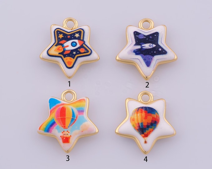 1 pcs Gold Enamel Star Pendant,18K Gold Filled Rocket Charm,Hot Air Balloon Charms DIY Bracelet Necklace Jewelry Making Findings Supply