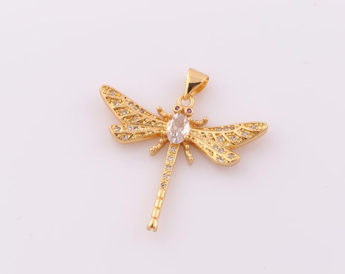 1 pcs Gold CZ Dragonfly Pendant,18K Gold Filled Dragonfly Charm,Dragonfly Charm DIY Bracelet Necklace Jewelry Making Findings Supply