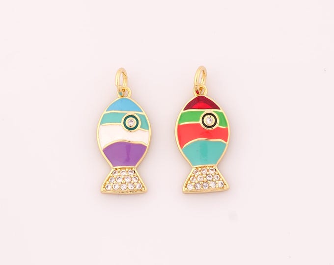 1 pcs Gold Enamel Fish Pendant,18K Gold Filled Fish Charm,CZ Fish Charms DIY Bracelet Necklace Jewelry Making Findings Supply