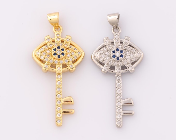 1 pcs Gold CZ Evil Eye Pendant,18K Gold Filled Key Charm,Devil Eye Charm DIY Bracelet Necklace Jewelry Making Findings Supply