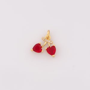 1 pcs Gold Enamel Cherry Pendant,18K Gold Filled CZ Fruit Charm,Heart Charms,DIY Bracelet Necklace Jewelry Making Findings Supply