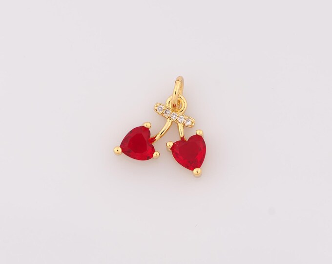 1 pcs Gold Enamel Cherry Pendant,18K Gold Filled CZ Fruit Charm,Heart Charms,DIY Bracelet Necklace Jewelry Making Findings Supply