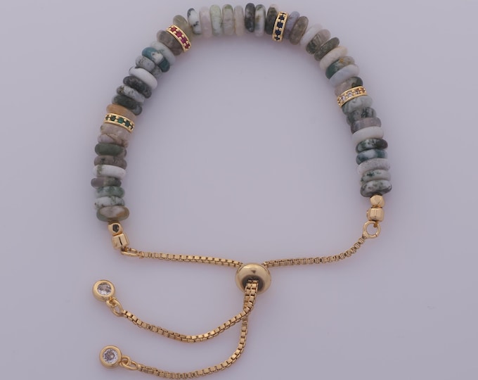 1 Str Gold Natural Stone Box Bracelet,18K Gold Filled Retractable Chain Bracelet,Gift for Her