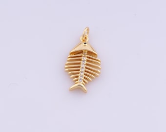 1 pcs Gold CZ Fishbone Pendant,18K Gold Filled Fishbone Charm,Fishbone Charms DIY Bracelet Necklace Jewelry Making Findings Supply