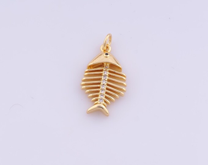 1 pcs Gold CZ Fishbone Pendant,18K Gold Filled Fishbone Charm,Fishbone Charms DIY Bracelet Necklace Jewelry Making Findings Supply