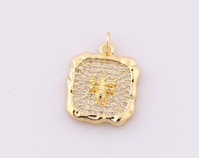 1 pcs Gold CZ Bee Pendant,18K Gold Filled Square Charm,Minimalist Charm DIY Bracelet Necklace Jewelry Making Findings Supply