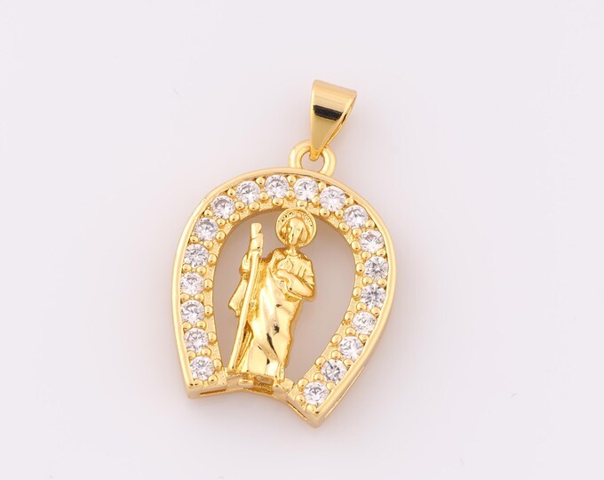 1 pcs Gold CZ St.Juda Pendant,18K Gold Filled Religious Charm,Saint Jude Charm DIY Bracelet Necklace Jewelry Making Findings Supply