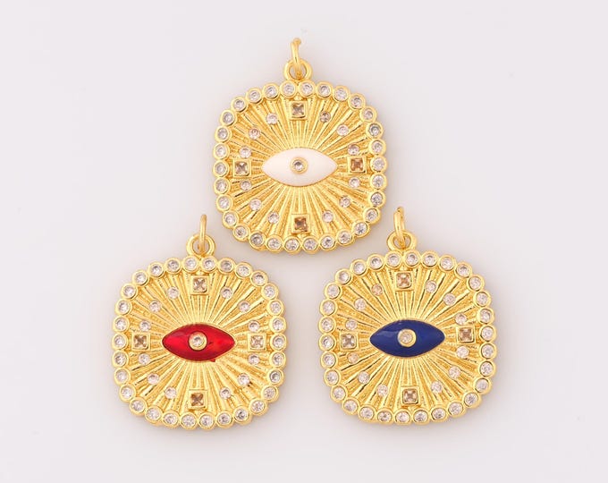 1 pcs Gold CZ Evil Eye Pendant,18K Gold Filled Enamel Devil Eye Charm Square Charms,DIY Bracelet Necklace Jewelry Making Findings Supply