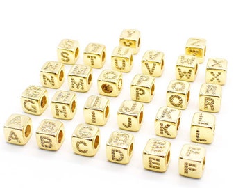 Initial letter beads charm, 18K gold plated, CZ pave，zirconia letter square beads, letter beads for bracelets necklace jewelry making S909