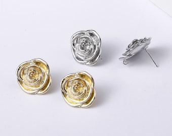 14K Gold/Silver Camellia Flower  Stud Earrings,With Loop,Flower Earrings,Pin,Anti Allergy Earrings,Jewelry Findings CX140-D