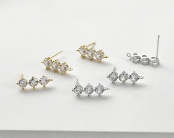 14K Gold & Silver Plated Irregular Earring Posts With Loops, CZ Pave Nickel Free Jewelry Findings LL075