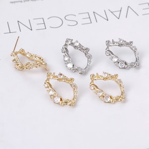 Irregular CZ Pave Earrings Post, 14K Real Gold, S925 Silver Ear Pin Nickel Free Earrings, Ear Stud Hypoallergenic Earring Findings CX073