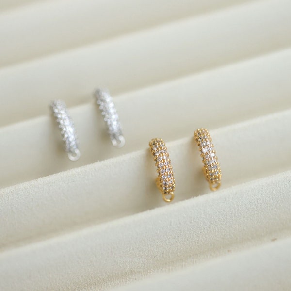 18K Gold Plated C Shaped CZ Pave Earring Posts With Loops, Crystal Zircon Jewelry Findings MM183-D0406