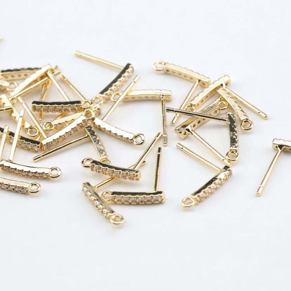 Rectangular Ear Clips 14K Gold Plated Rectangular Ear Post With Loops, CZ Pave Earrings ...