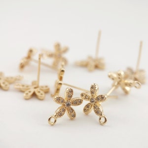 Cubic Zircon Flower Post Earring,Gold Plated Earring Post With Loop,Hypoallergenic,DIY Earring Finding,Handmade Earring Supplies LM2-ZX044