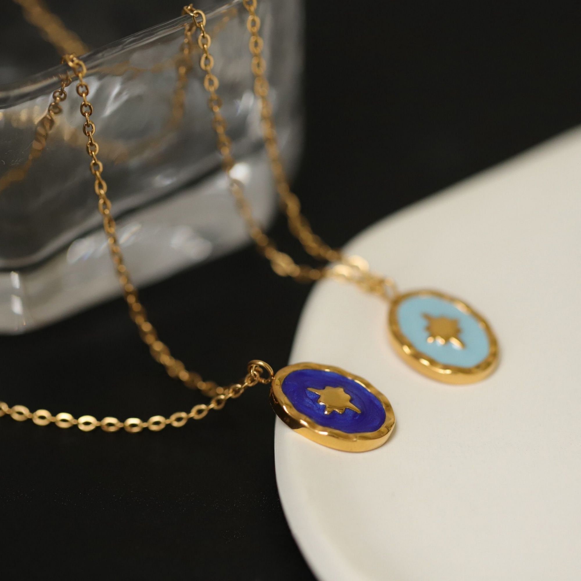 Blue Oval Star Pendant,oval Pendant,titanium,18k Gold Plated