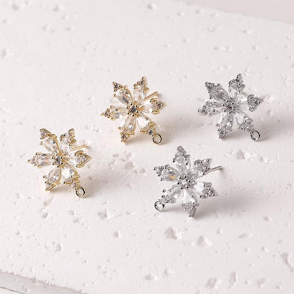 CZ Pave Flower Post Earring,Gold Plated Stud Post With Loop,Hypoallergenic,DIY Earring Finding,Handmade Earring Supplies CX424