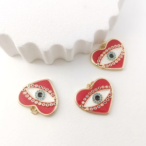 Chunky enamel red heart evil eye charm,18K gold plated,micro pave devil's eye charm,for necklace and earring making,jewelry finding LM2-S896