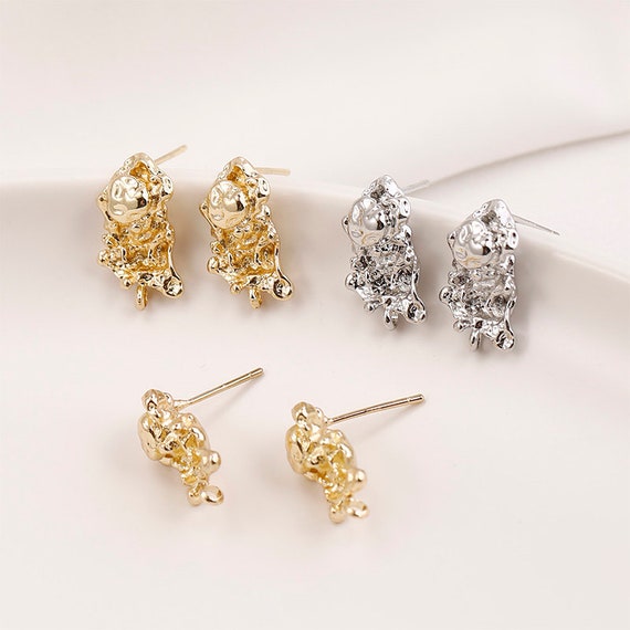 14K Gold/silver plated irregular lava ear post with hoop,18mm,hammered earrings,hypoallergenic earring,S925 silver pin,jewelry finding CX035