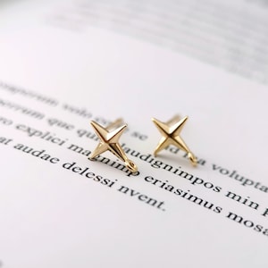 May include: A pair of gold star-shaped earrings with a dangling loop on each earring.