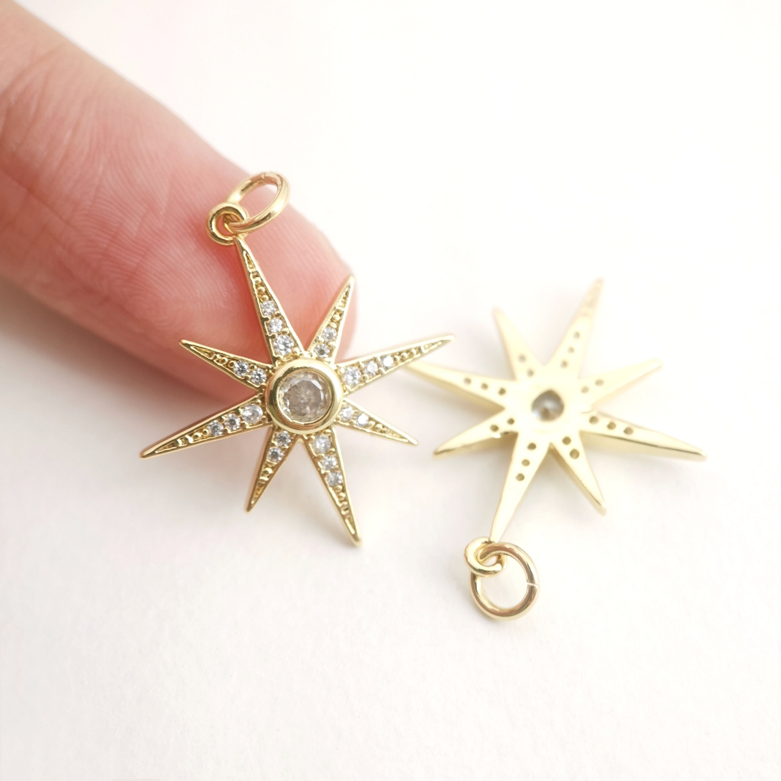Chunky Textured Cubic Zircon Sun Polaris Charm,18k Gold