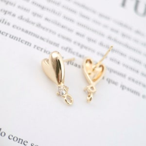 Sleek Zircon Heart Post Earrings,Gold Plated Earring Post With Loop,Hypoallergenic,DIY Earring Findings,Handmade Earring Supplies LM2-ZX215