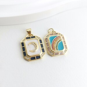 Dije de luna cuadrada con pavé de circonitas cúbicas, brillante, chapado en oro de 18 quilates, con forma de tarjeta de arcoíris de circonitas, para hacer collares y pendientes, como accesorio de joyería LM2-S1095
