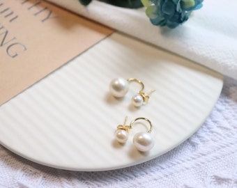 Artificial pearls, artificial pearls earrings, round pearl earrings, double pearl earrings, white pearl earrings, 14K,Daily Life Earring