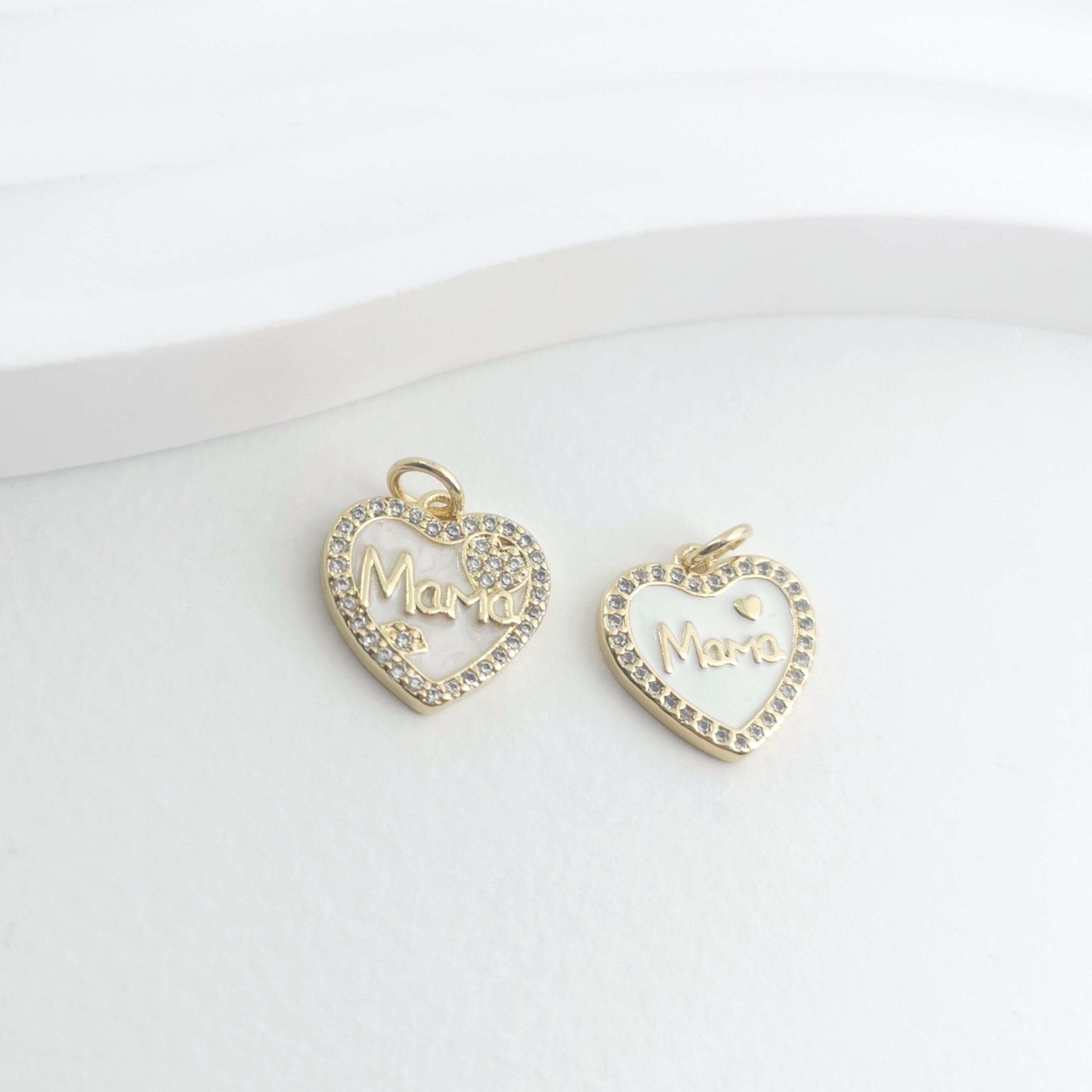 Cubic Zircon Mama Heart Charm,18k Gold Plated,cz Pave Love Mama
