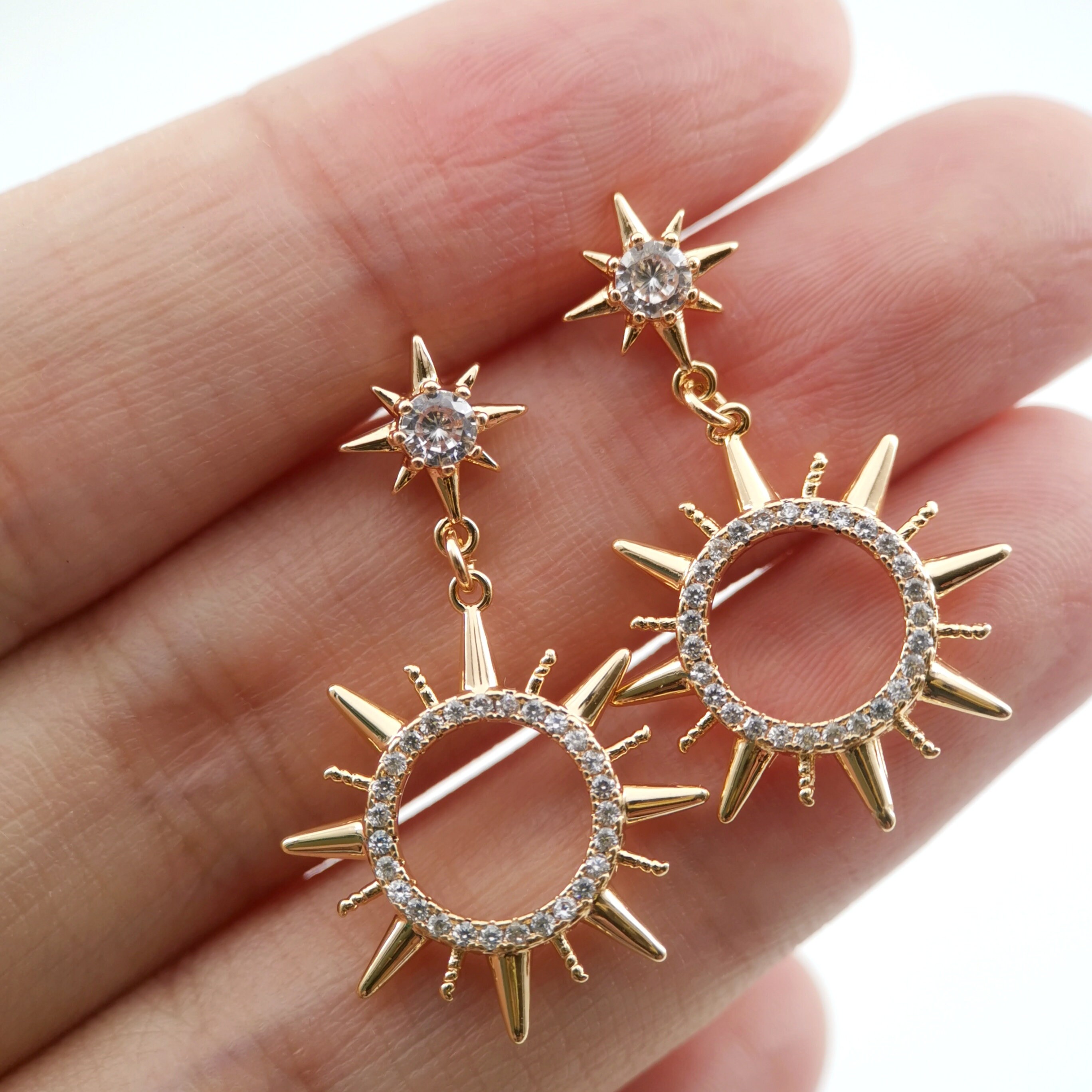 Cubic Zircon Sun Post Earring,gold Plated Earring Post With Cubic Zircon Sun Post Earring,gold Plated Earring Post With