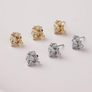 Intricate Cubic Zircon Flower Post Earring,Gold Plated Stud Post With Loop,Hypoallergenic,Earring Finding,Handmade Earring Suppy CX373-D0450
