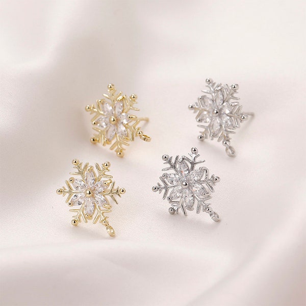 14K Gold/Silver winter snowflake ear post with loop,cz pave snowflake stud,S925 silver pin,anti allergy earrings findings CX099