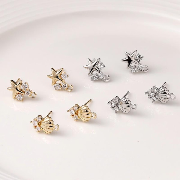 Micro Pave Shell/Starfish Post Earring,Gold Plated Stud Post With Loop,Hypoallergenic,DIY Earring Findings,Handmade Earring Supplies CX320
