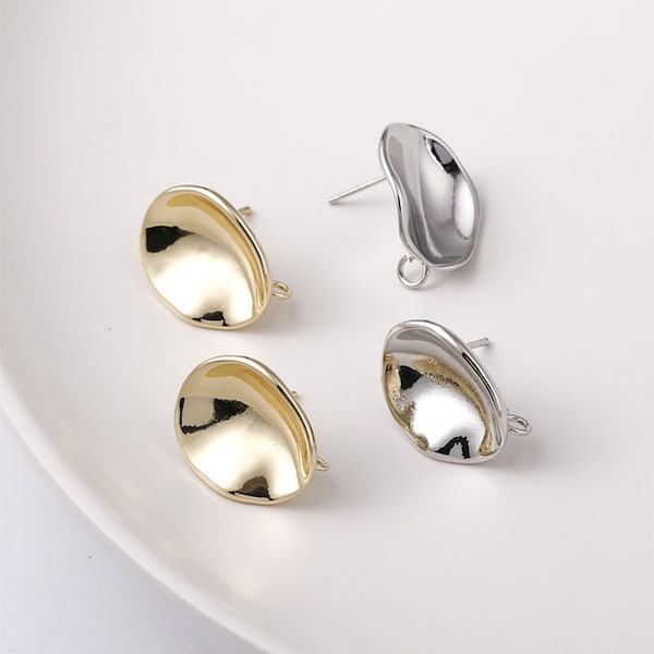 14K Gold Plated Concave Shaped Oval Stud Earrings With Loop, Pin Nickel Free Earrings, Jewelry Findings CX147-D0579