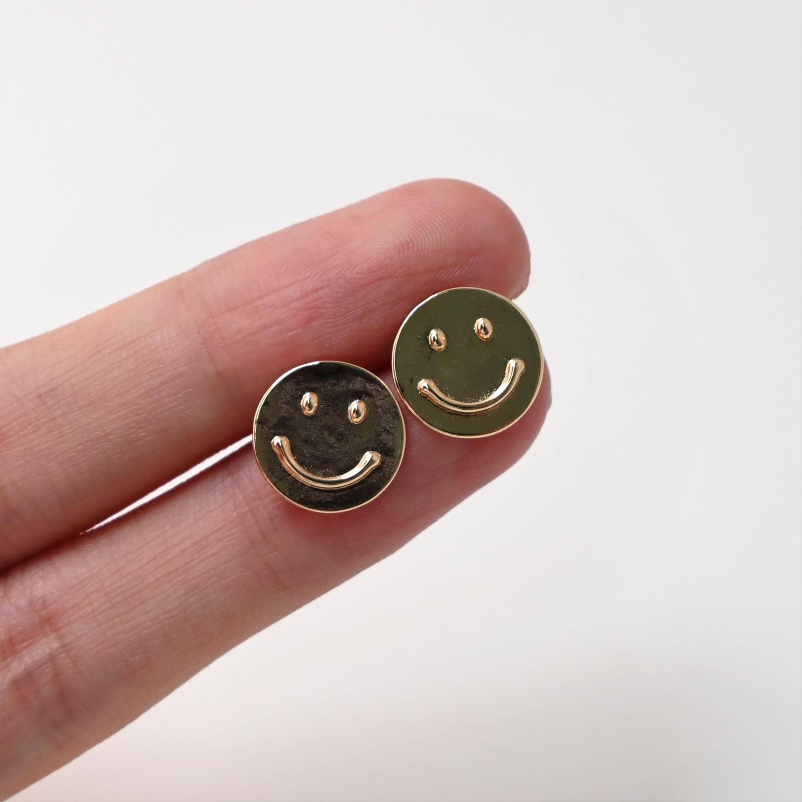 Smiley Face Post Earring, Gold Plated Round Stud Post With Loop