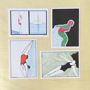 Set van 4 ansichtkaarten - kleurrijke illustratie, delicate lijnen, minimalistisch, handgeschilderd, pop-art, een nieuwe start, wenskaarten