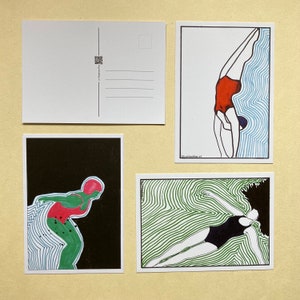 Postkartenset „Swimmer Series“ – 3 Frauen-Illustrationen in Line-Art, A6 Kunstdrucke, minimalistische Kunst, klimaneutral gedruckt