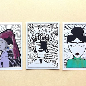 Carte postale A6 Visages de femmes Illustration moderne Portrait Carte postale justdonothing art Frida Kahlo Vermeer Carte Boucle d'oreille Perle