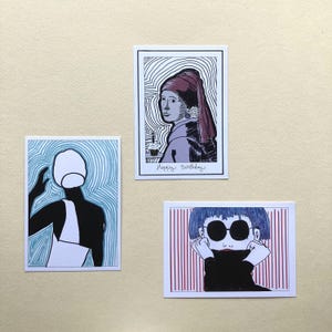 Set di 3 cartoline - stampa d'arte - dipinte a mano - pop art minimale - biglietti d'auguri - linea artistica - biglietto d'amore - justdonothingart - cartoline