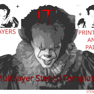 Op de afbeelding: Een zwart-wit sjabloon van Pennywise de dansende clown uit de film "IT". Het sjabloon bestaat uit 10 lagen en bevat de tekst "IT" bovenaan. De tekst "PRINTEN, SNIJDEN EN VERVEN" en "Multilayer Stencil Template" zijn ook in de afbeelding opgenomen.