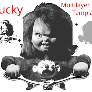 May include: Black and white stencil template of Chucky, the killer doll from the Child's Play movie franchise, riding a tricycle. The template is labeled "Multilayer Stencil Template" and includes instructions for layering the stencil.