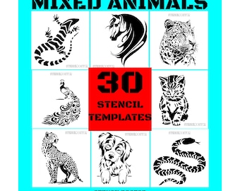 May include: A collection of 30 stencil templates featuring various mixed animal designs. The image includes a lizard, horse, leopard, peacock, kitten, cheetah, dog, and snake. The text "MIXED ANIMALS" and "30 STENCIL TEMPLATES" are displayed.